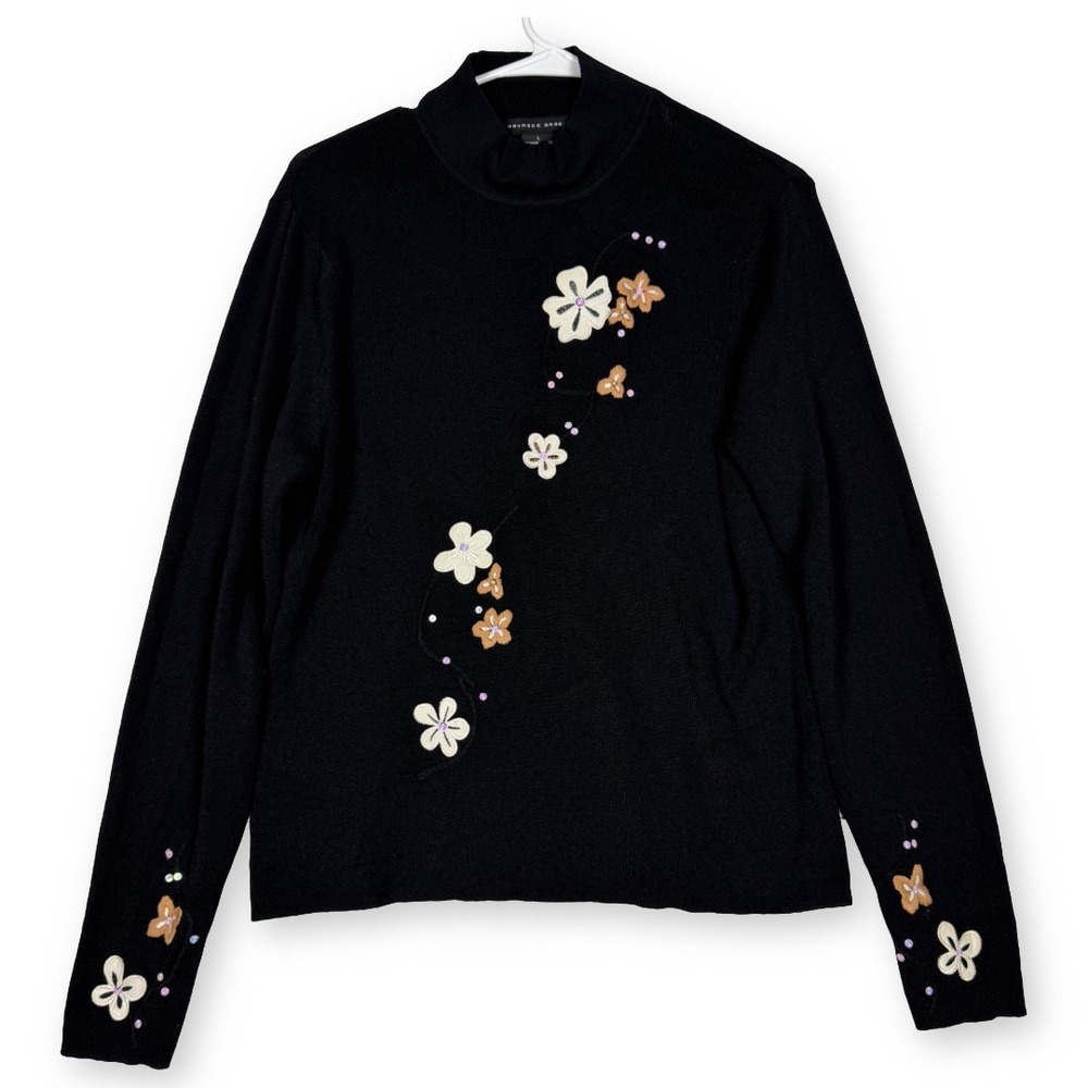 Maurice Sasson Womens Black Floral Embroidered Mock Neck Knit Sweater Size Large